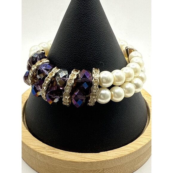 Vintage Faux Pear Purple Bead Stretch Bracelet Double-Strand Rhinestone Accents - Picture 5 of 5